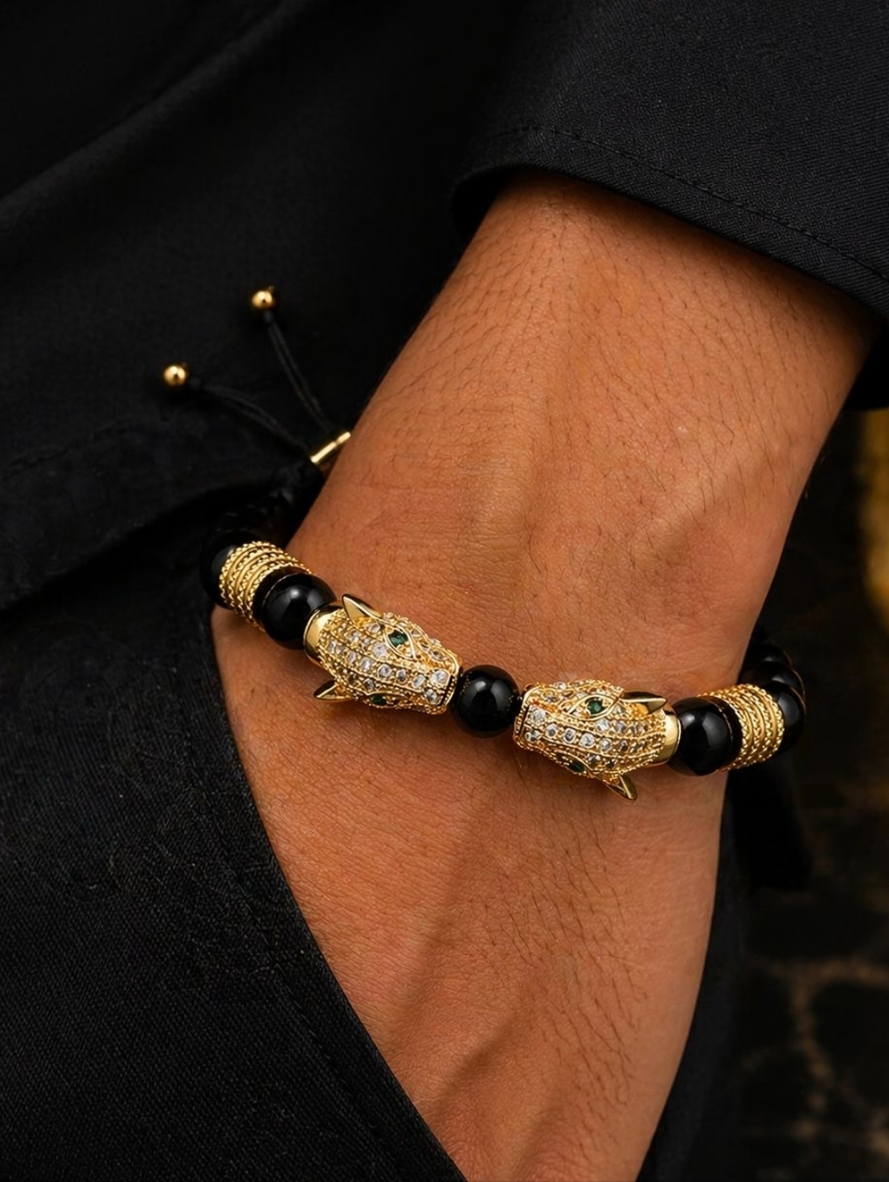 Black Beaded Gold Jaguar Head Adjustable Bracelet - Picture 2 of 3